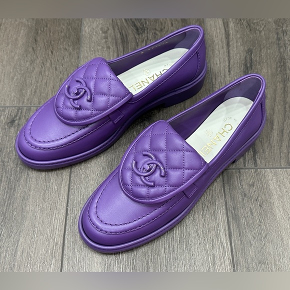 2023 CHANEL CC LOGO LOCK PURPLE LEATHER LOAFERS OXFORD SHOES 37 NEW - Picture 7 of 16